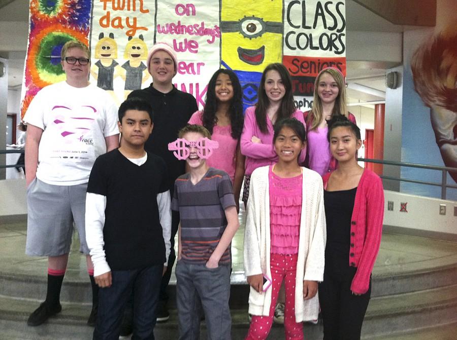 Freshman class ASB showing their school spirit for the On Wednesdays we wear pink, spirit day. Top row: Eli Longacre, Samuel Bowman, Brianna Hutman, Nina Berry and Ryan Berry. Bottom row: Abraham Portugal, Chase Alberts, Trinh Nguyen and Rosie Lee.