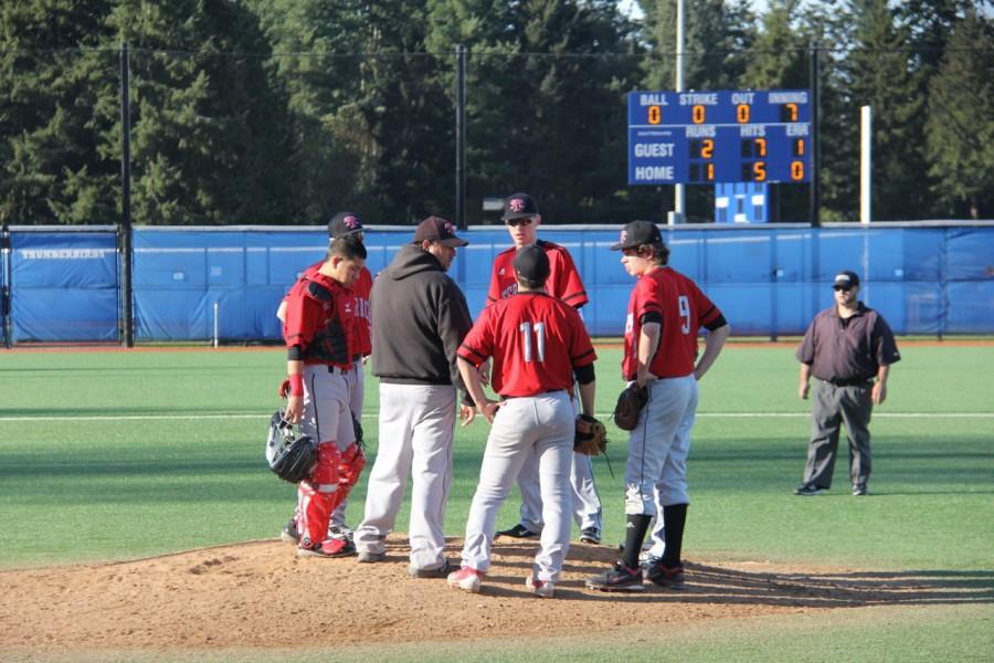 Mound visit by the coach and other players at the Shorewood game on April 15th
