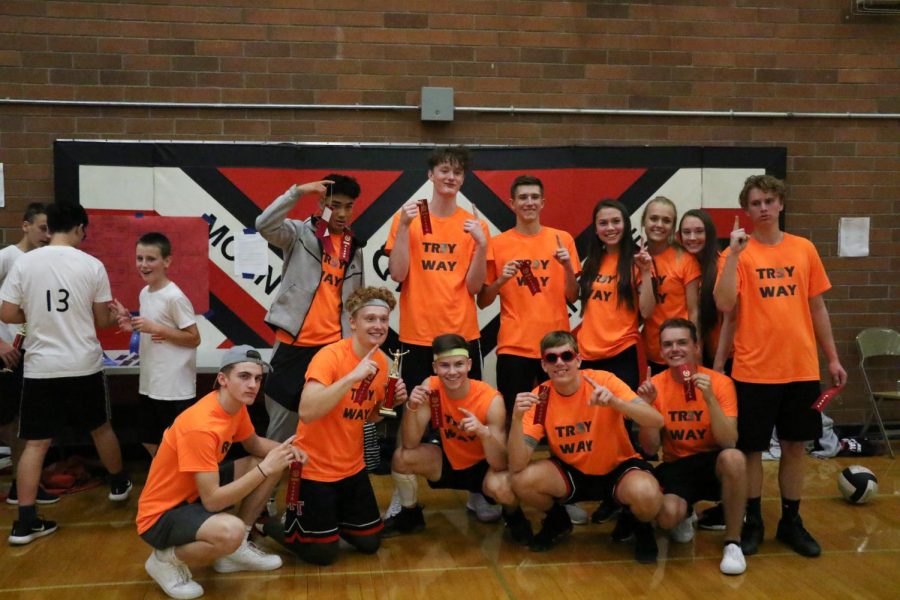 TR3Y WAY poses happily with their second place ribbons at Macho Volleyball. TR3Y WAY lost in the final game to Team America, placing second in the competition and earning the right to represent Terrace at the district-wide competition. 
