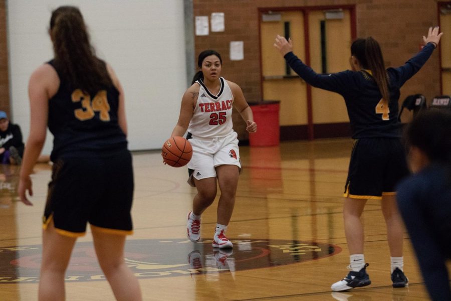 Senior point guard Trinity Prout looks for an open player.