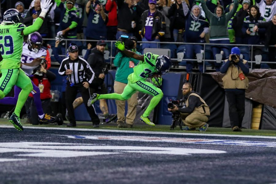 Seahawk cornerback Justin Coleman on his 29 yard fumble return, runs the football into the end zone in the 4th quarter.