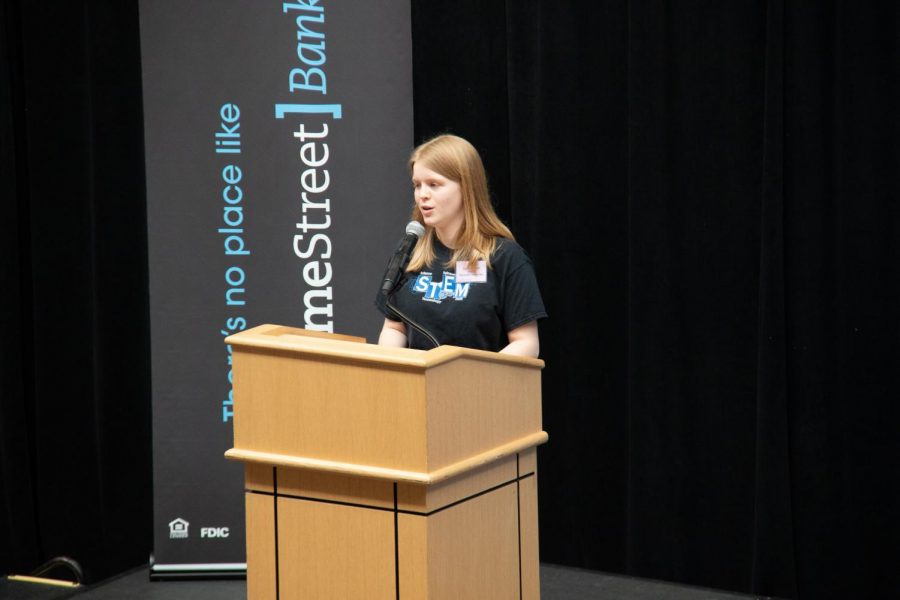 Senior Sophie Burbank speaks as a Mountlake Terrace High School student involved in STEM and TSA.