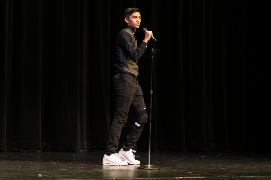 Junior Alberto Paredes dances his way through Save The Last Dance by Michael Bublé in the Terrace theater at Round Two of Terrace Idol.  Paredes was one of the few singers to add a significant amount of movement in their performance.