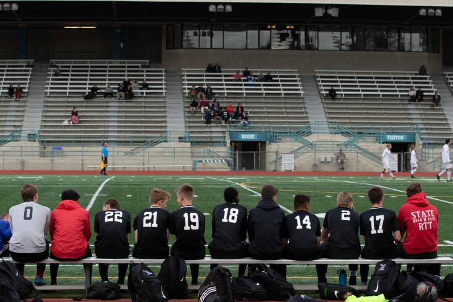 Players on the bench discuss amongst themselves in front of the sparse crowd at Edmonds Stadium.