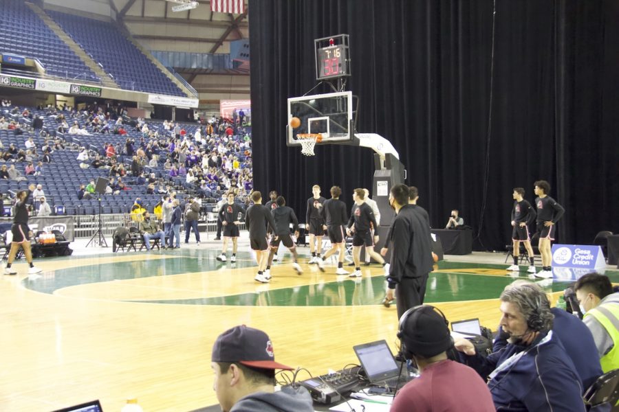Hawks warm up before facing Mt. Spokane in the Tacoma Dome.