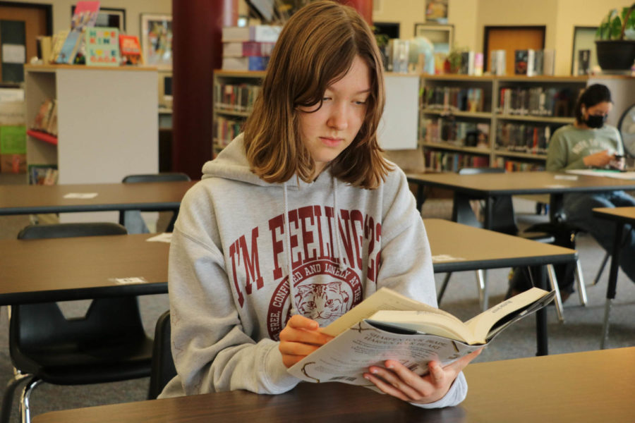 Mackenzie Kier sitting at a table in the Terrace library flipping through pages of the book The Cruel Prince while reading it.