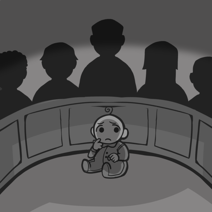 Ominous cartoon-style drawing of a panel of silhouetted judges forming a semicircle around a scared-looking baby.