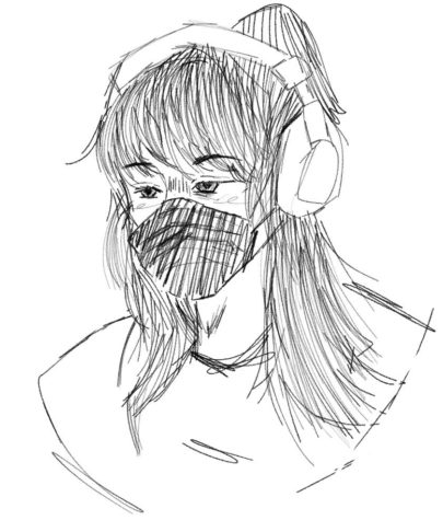 A feathery pencil style sketch of a student wearing headphones and a mask.