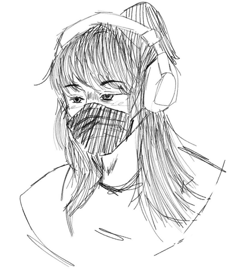 A feathery pencil style sketch of a student wearing headphones and a mask.
