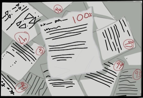 Sketch of a stack of slightly crumpled pieces of paper with test grades on them, popping out and written in red. On the top of the stack is a test graded 100%.