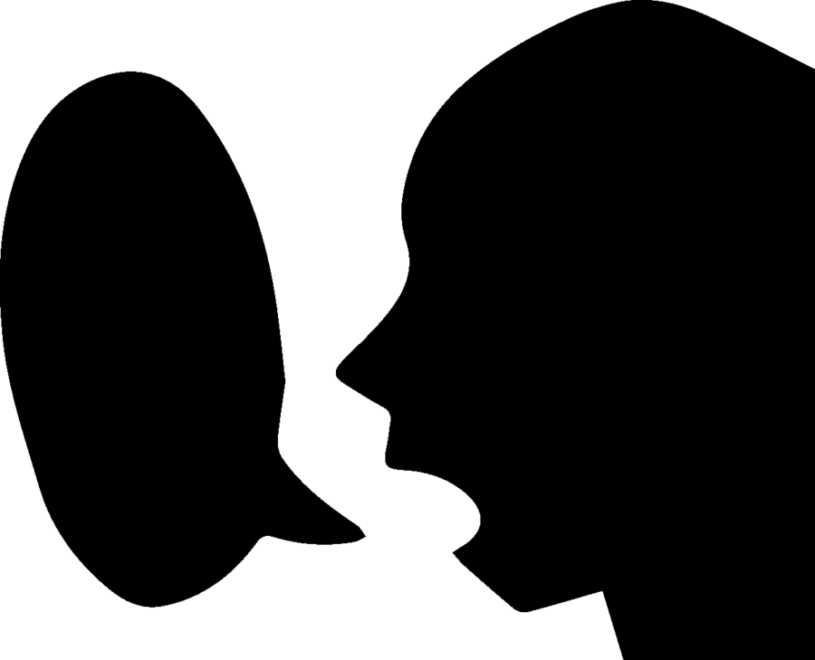 A silhouetted side profile of someone speaking with a speech bubble.