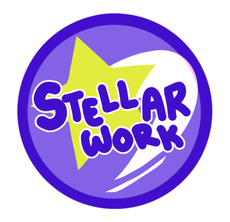 A cartoonish purple sticker with a bright yellow star on it. On it, "stellar work" is written in bubble letters, like a sticker a teacher would put on an assignment for encouragement.