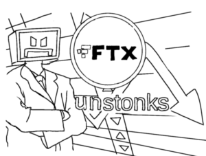 FTX crash graphic featuring unstonks and computer head frowning man.
