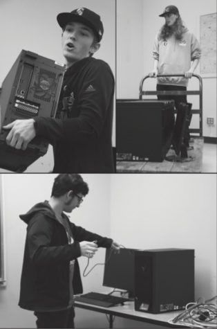 The esports team moves into their new room. Junior Ryan Sturgill (upper left), Senior Gavin Leach (upper right) and Junior Amir Basmani carry in the only school provided gaming computers in the district.