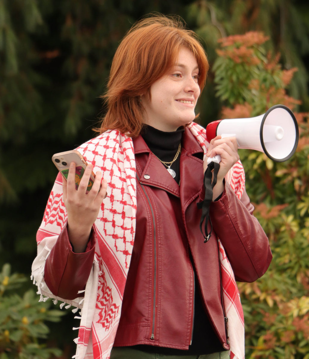 MTHS senior Annabelle Westby gives a speech to participating protesters regarding her stance on the Israel-Palestine conflict before they begin the protest march.