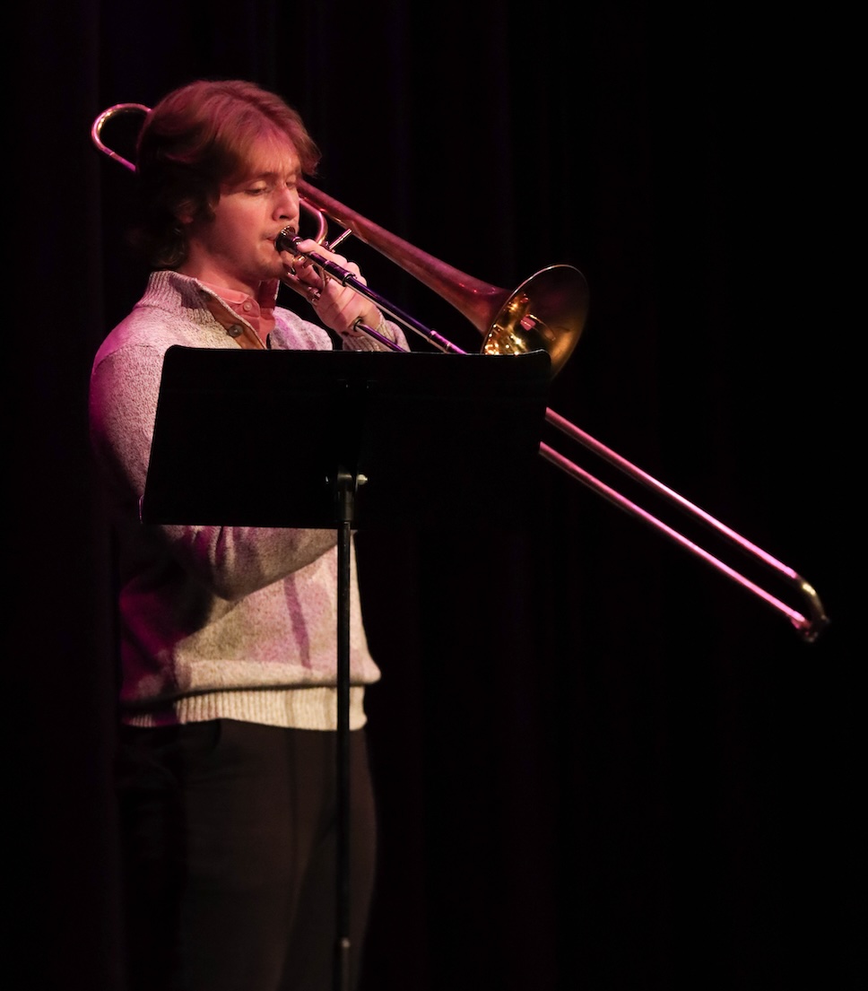 Senior Braden Ryder plays a tune on his trombone for the first round of Terrace got Talent, where he advanced to round two.