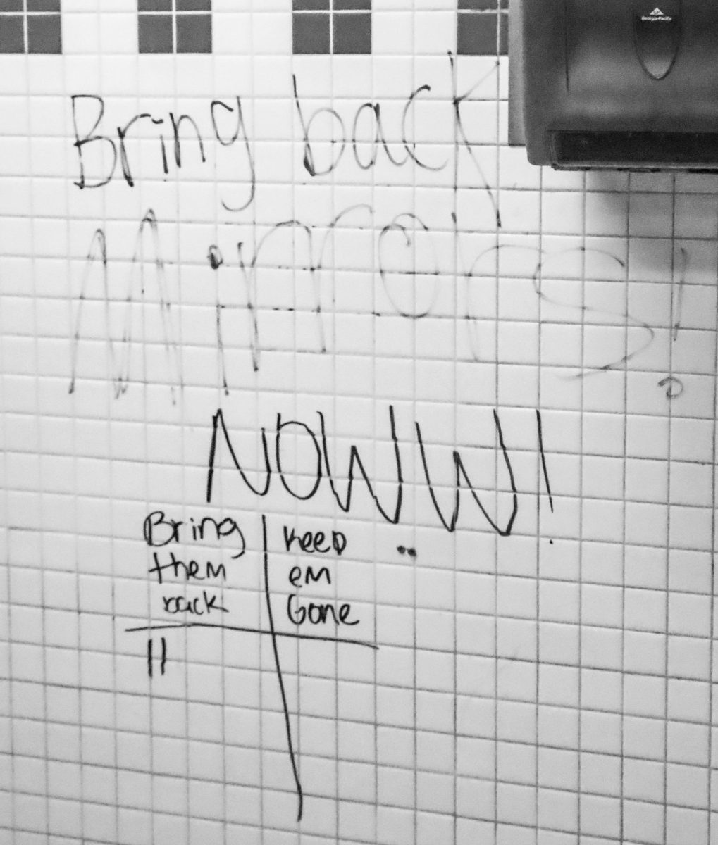 A T-chart in the junior wing girls’ bathroom  that records tallies of whether people want the bathroom mirrors back or whether they want them gone.